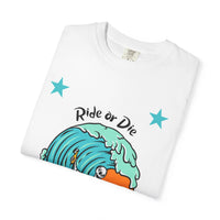 Load image into Gallery viewer, Surf Lifestyle T-Shirt, Ride or Die Design, Beachwear, Unisex Summer Tee, Casual Outdoor Shirt, Great for Gift, Surfing Enthusiasts
